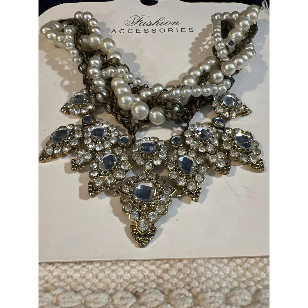 Faux Pearl and Crystal Statement Bib Necklace‎ Antique Brass Tone Multi Strand